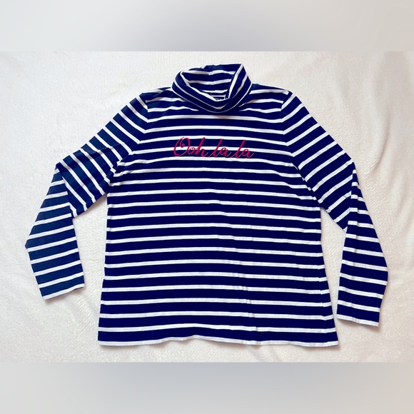 Talbots Women Cotton NauticalNavy Sailor Striped Turtle Neck Long Sleeve Top 1XP - Picture 1 of 7